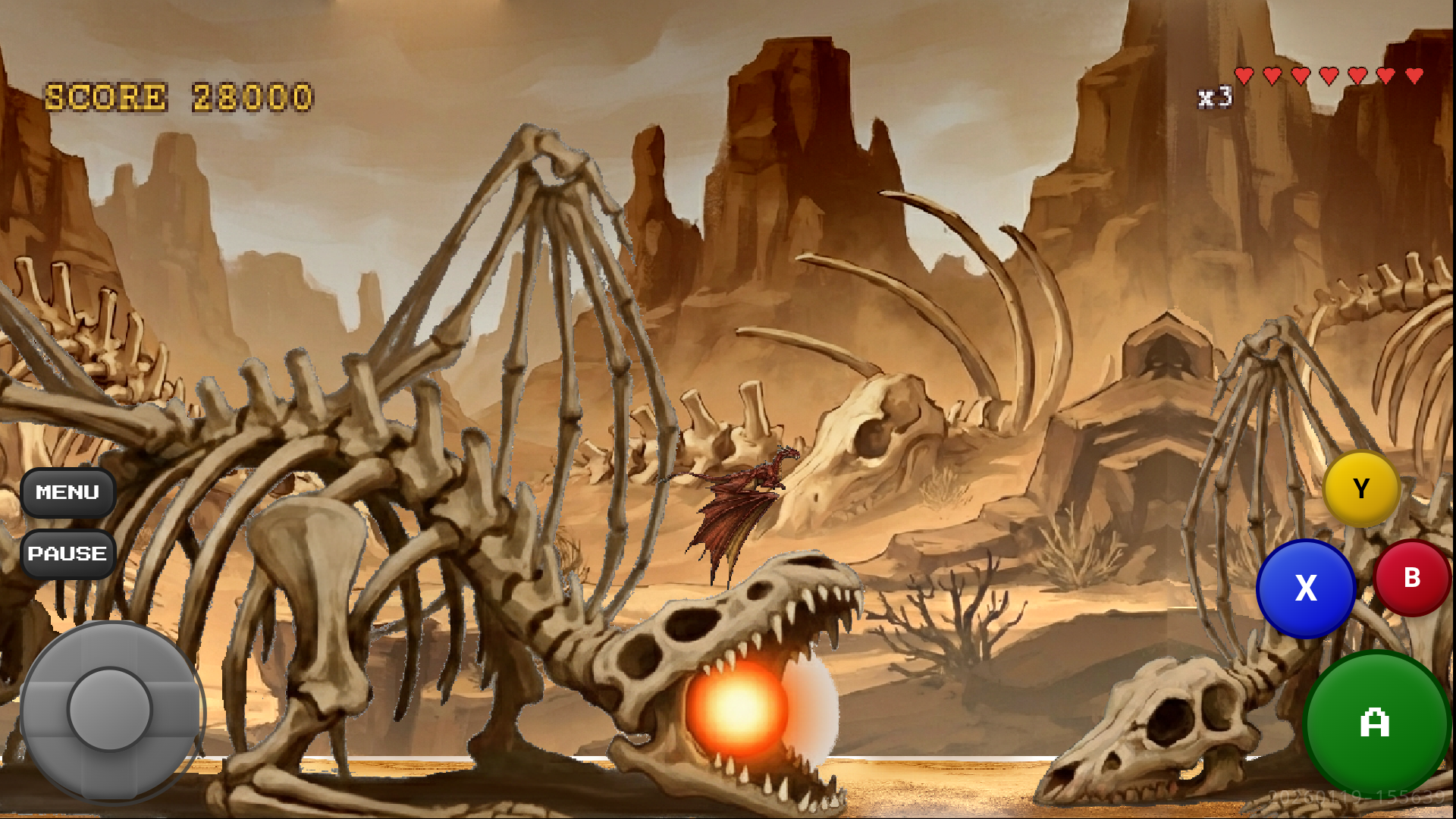 Dragon Flight screenshot showing the dragon boneyard puzzle stage with skeletal ruins