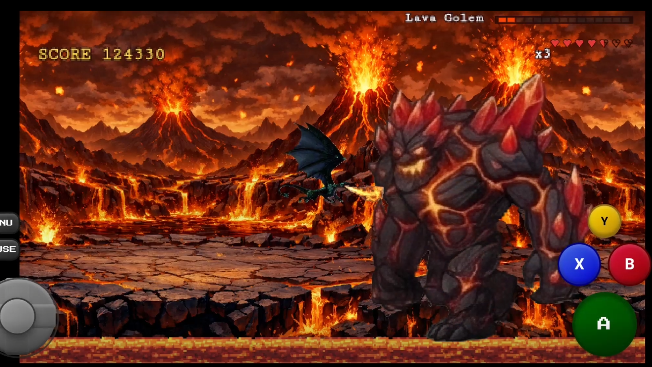 Dragon Flight screenshot showing the volcanic fury level with lava and eruption-heavy scenery