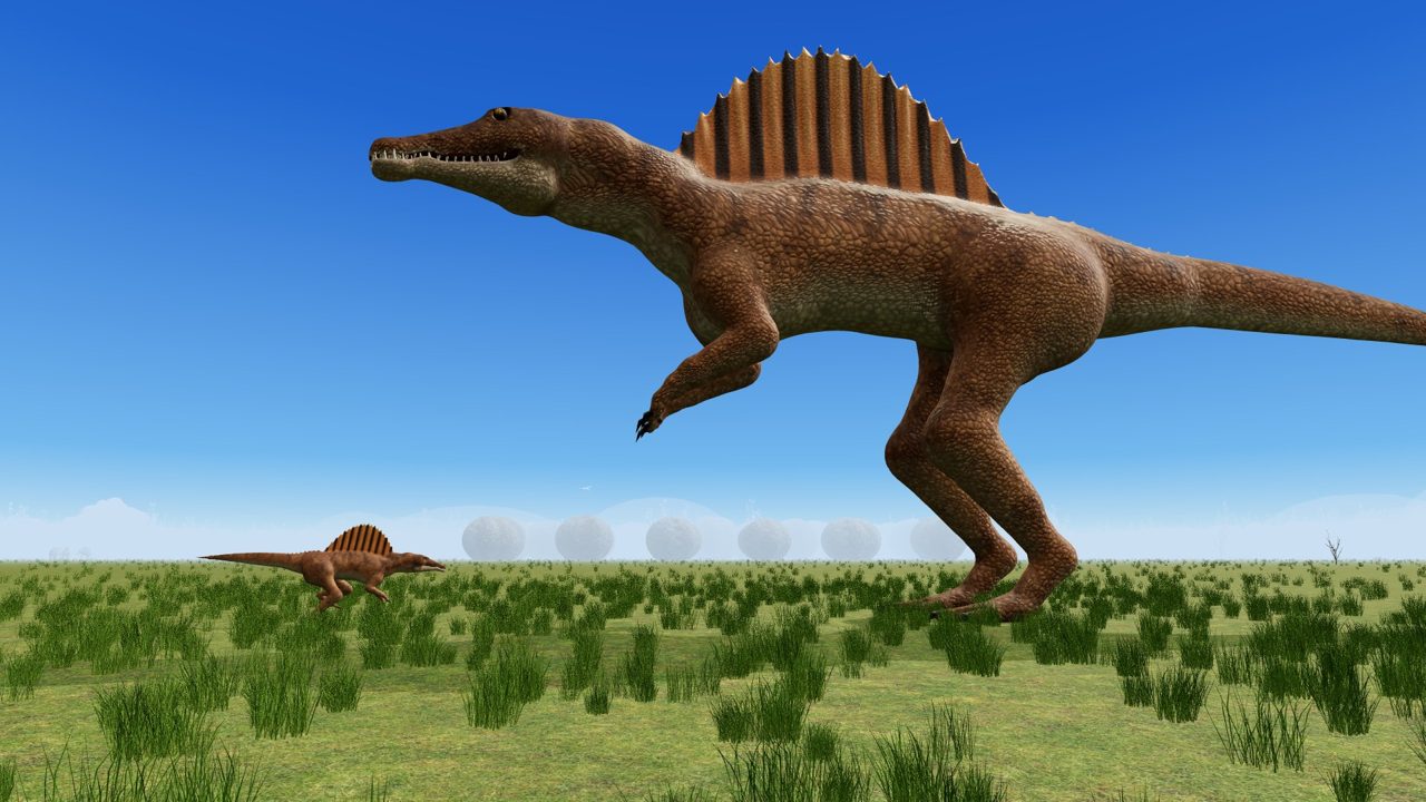 A giant Spinosaurus meeting a tiny Spinosaurus ally on the plains