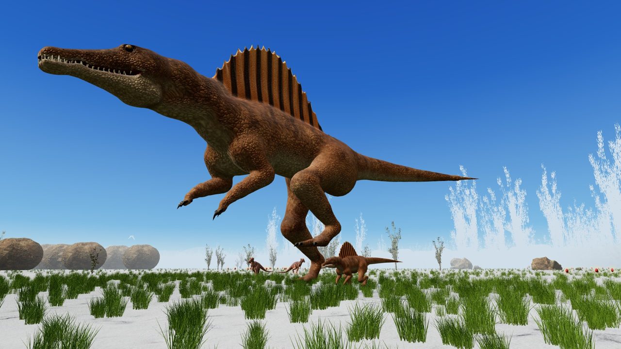A large Spinosaurus walking with a small one across snowy tundra