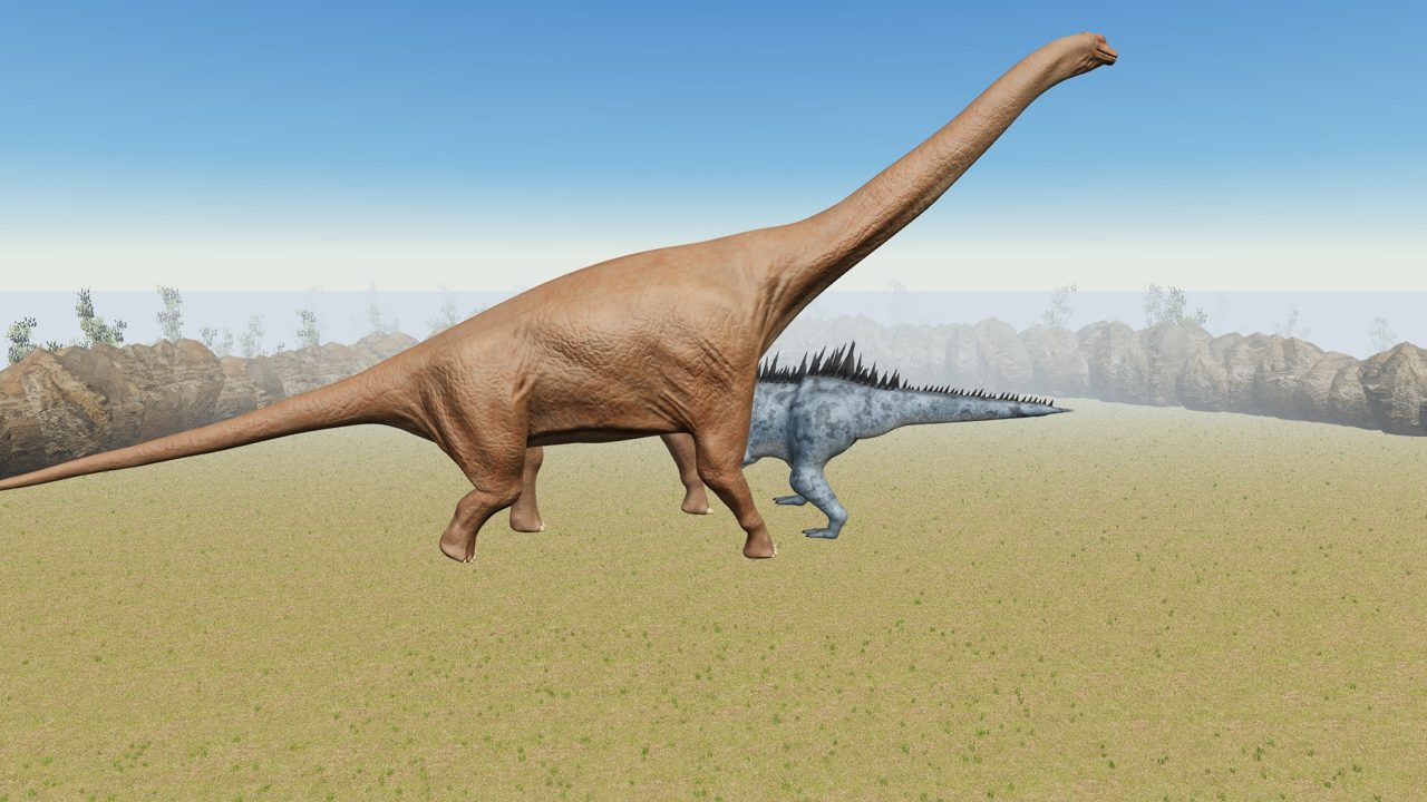 A towering Brachiosaurus beside a Giganotosaurus in a desert arena