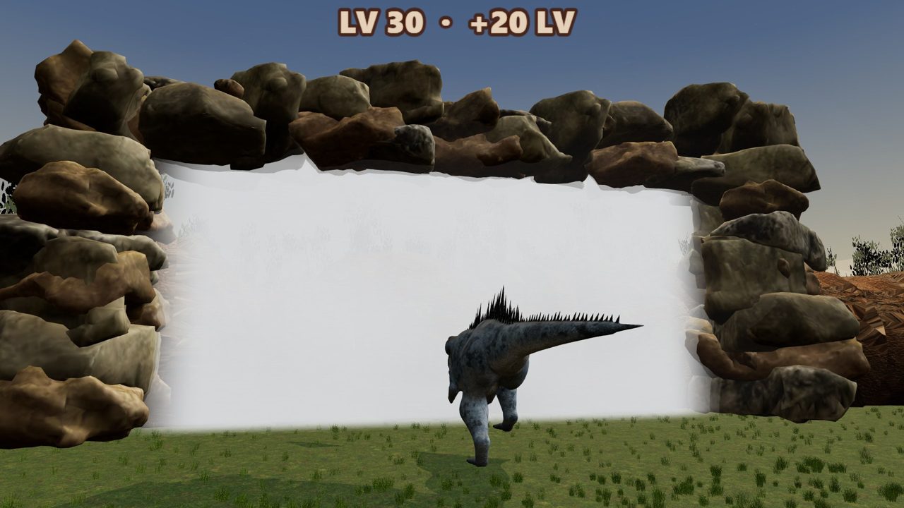 A Giganotosaurus walking toward a stone fog gate marked Raptor Pack, level 30