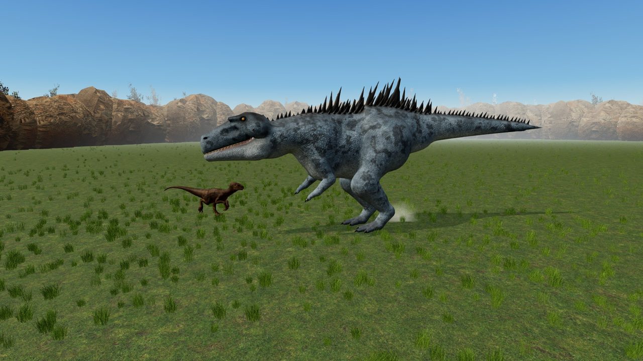 A Giganotosaurus chasing a small raptor across green plains