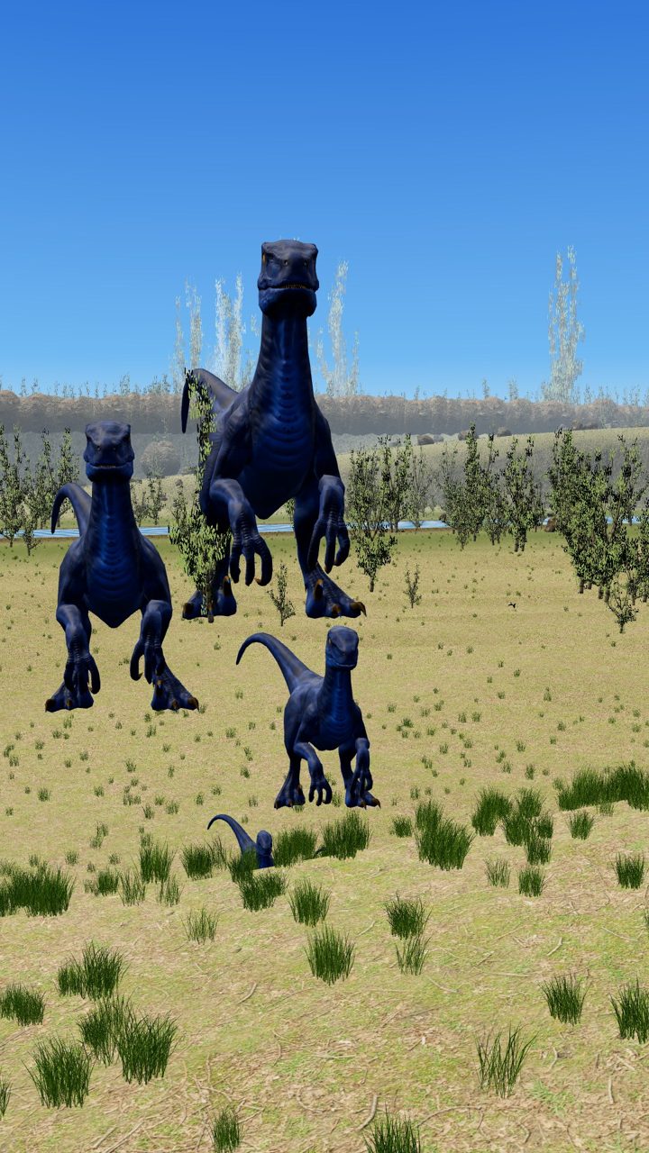 A pack of blue raptors on the plains, shown on a phone screen