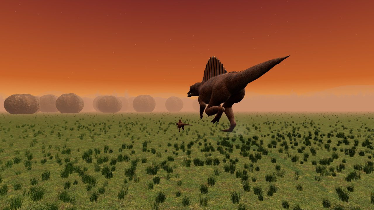 A Spinosaurus running across grassland under an orange sunset sky