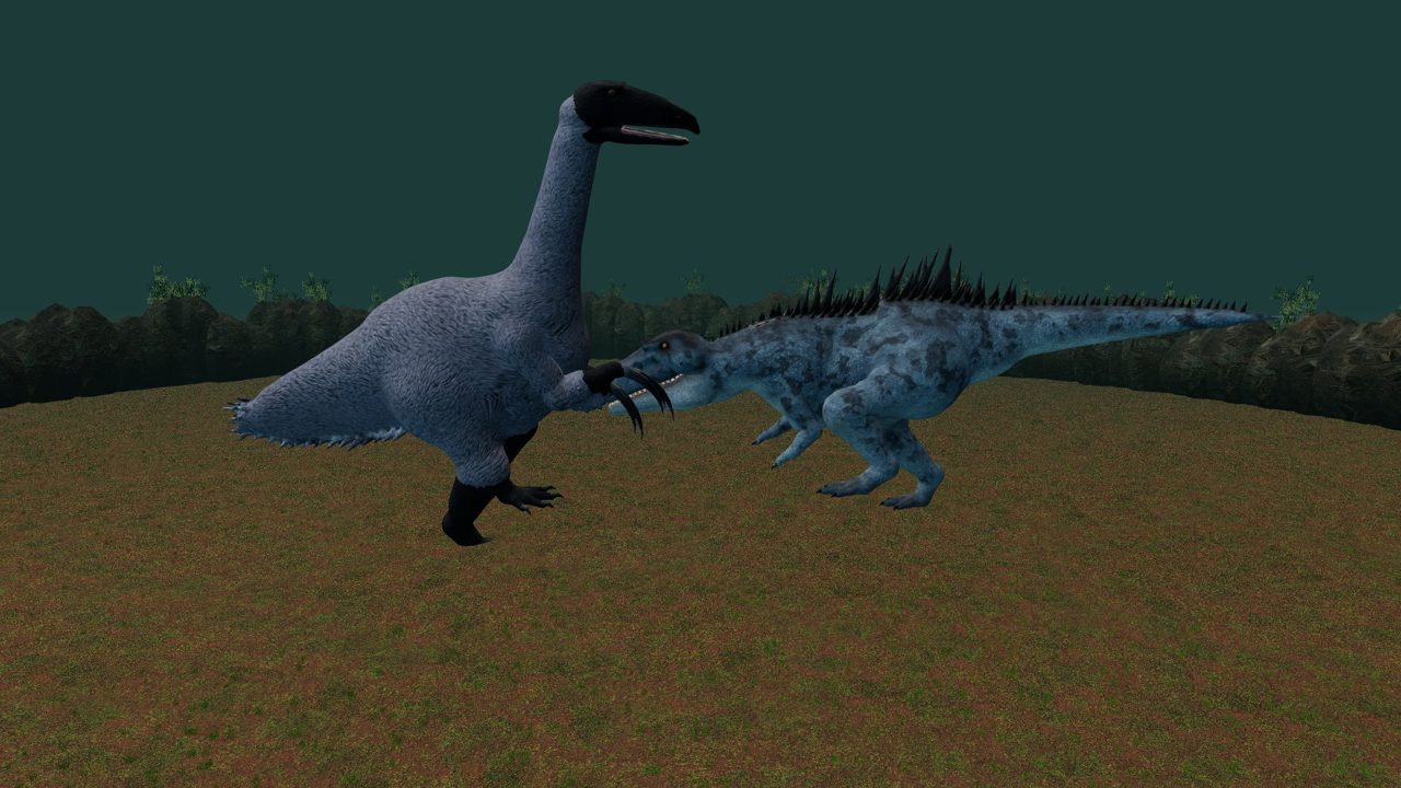 The Therizinosaurus boss raising its long claws at a Giganotosaurus in its arena