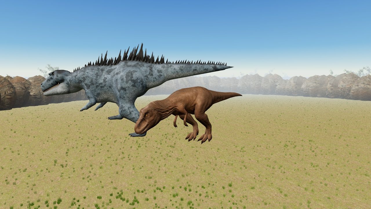 A T-Rex facing off against a much larger Giganotosaurus on open sand