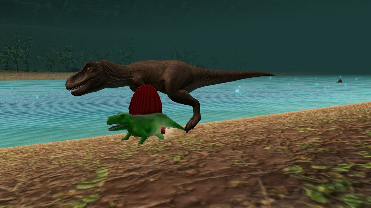 A T-Rex stalking a green Dimetrodon on a lakeshore in the underworld