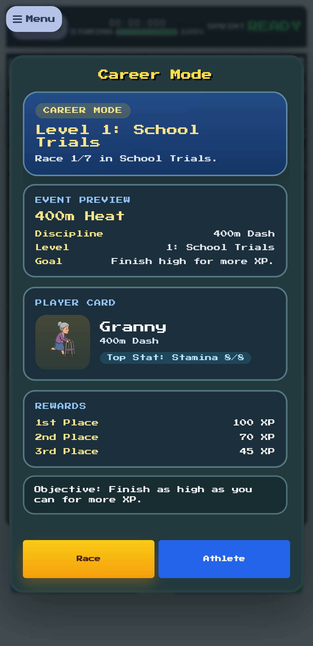 Track Race career mode screen with school trials, rewards, player card, and race button