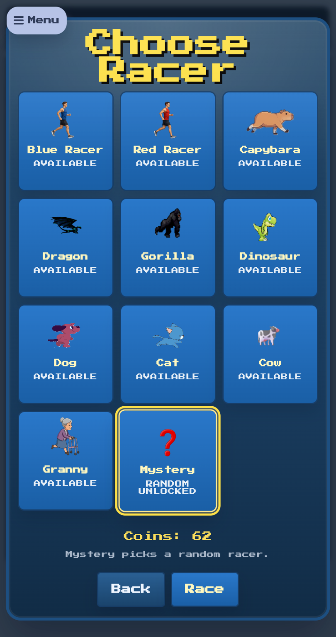 Track Race character select screen with runners, dragon, gorilla, dinosaur, capybara, and other racers