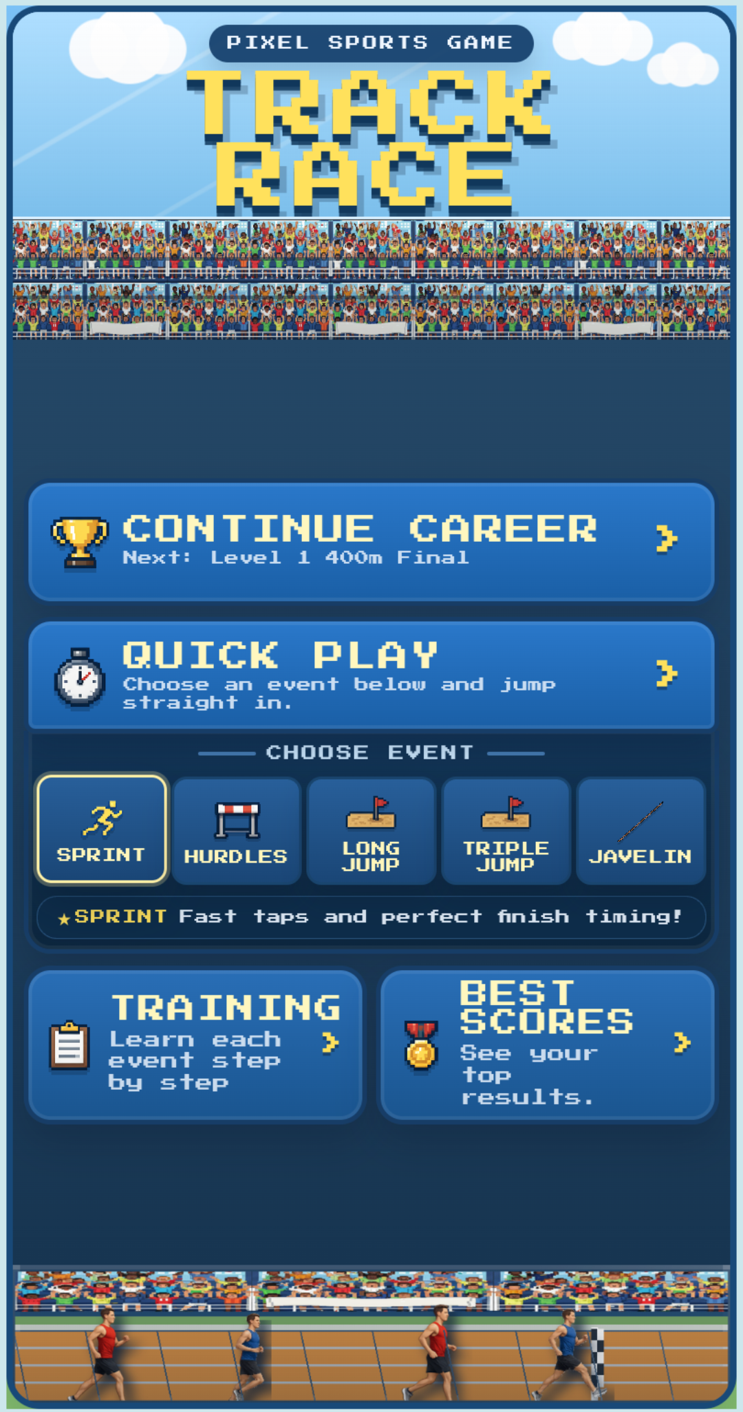 Track Race Android home screen with Continue Career, Quick Play, event selection, Training, and Best Scores