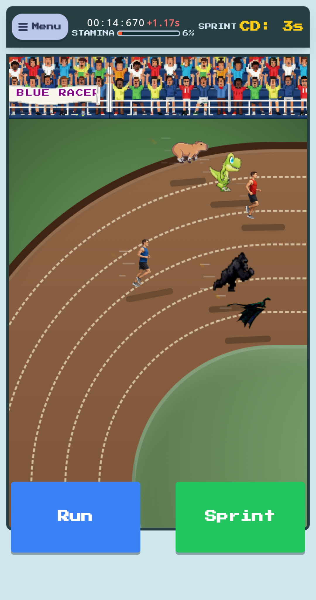 Track Race sprint event with a capybara, dinosaur, gorilla, dragon, and runners racing around the curve